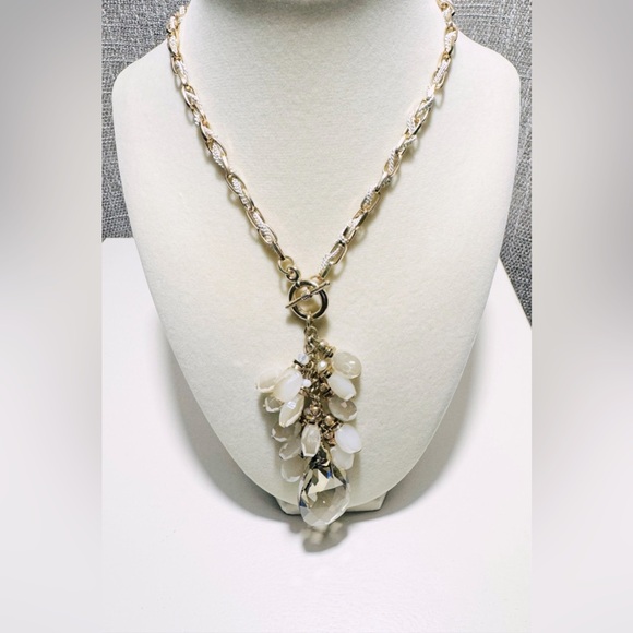 Gold-Tone Pendant Necklace with White Crystal Drops - Picture 2 of 4